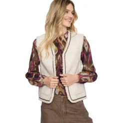 Teddy Embroidery vest dames off white tape dark brown zigzag*Geisha Outlet