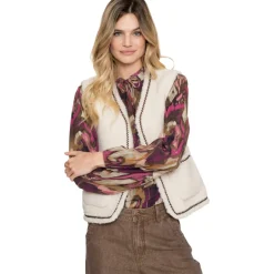 Teddy Embroidery vest dames off white tape dark brown zigzag*Geisha Outlet